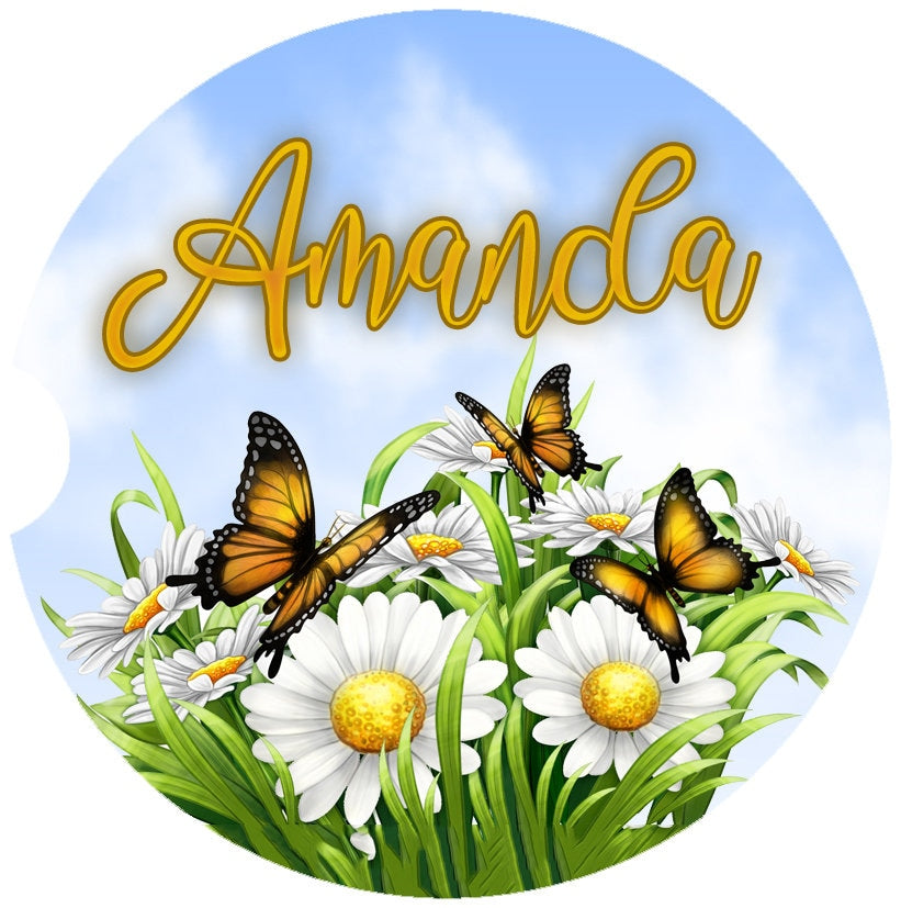 Personalized Butterflies and Daisies Art Car Coasters - Matching Pair - Schoppix Gifts