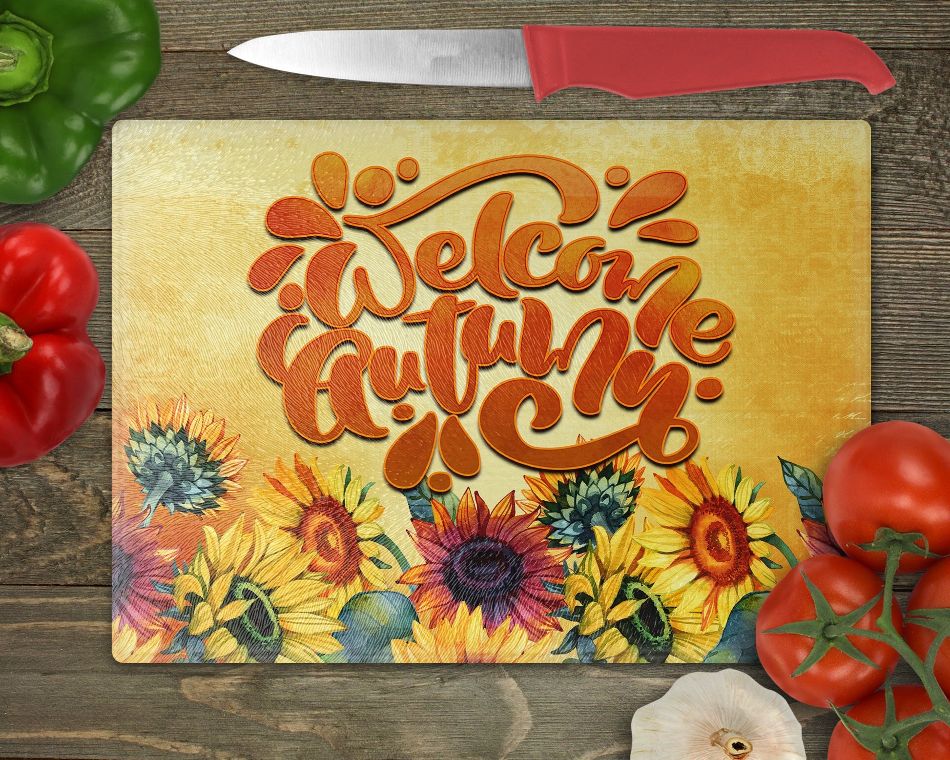 Welcome Autumn Sunflowers Art Decorative Glass Cutting Board|Kitchen Decor|Home Decor| - Schoppix Gifts
