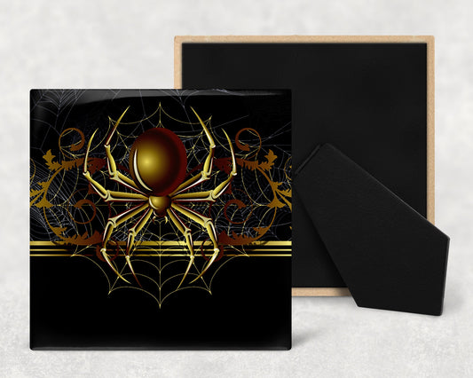 Gold Metallic Spider Decorative Ceramic Tile with Optional Easel Back - Available in 3 Sizes