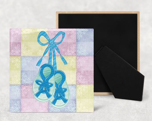 Baby Shoes Quilt Pattern Decorative Ceramic Tile with Optional Easel Back - Available in 3 Sizes