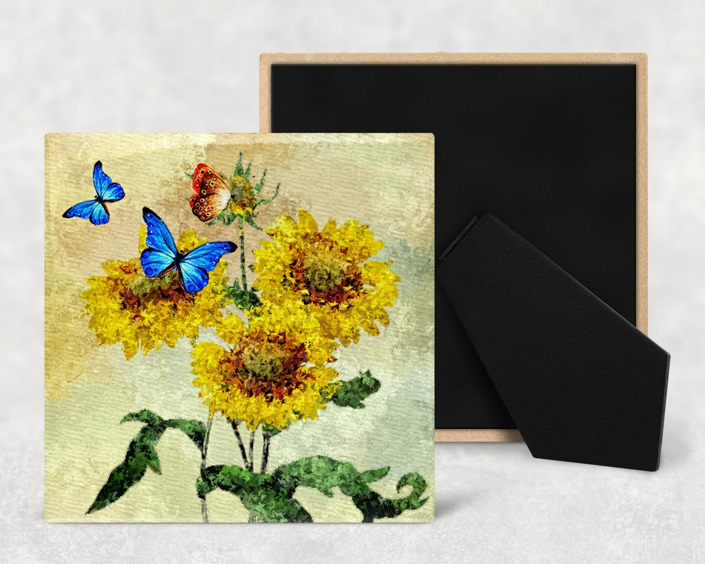 Butterflies and Sunflowers Decorative Ceramic Tile with Optional Easel Back - Available in 3 Sizes