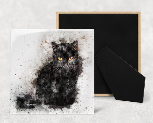 Watercolor Black Cat Art Decorative Ceramic Tile with Optional Easel Back - Available in 3 Sizes