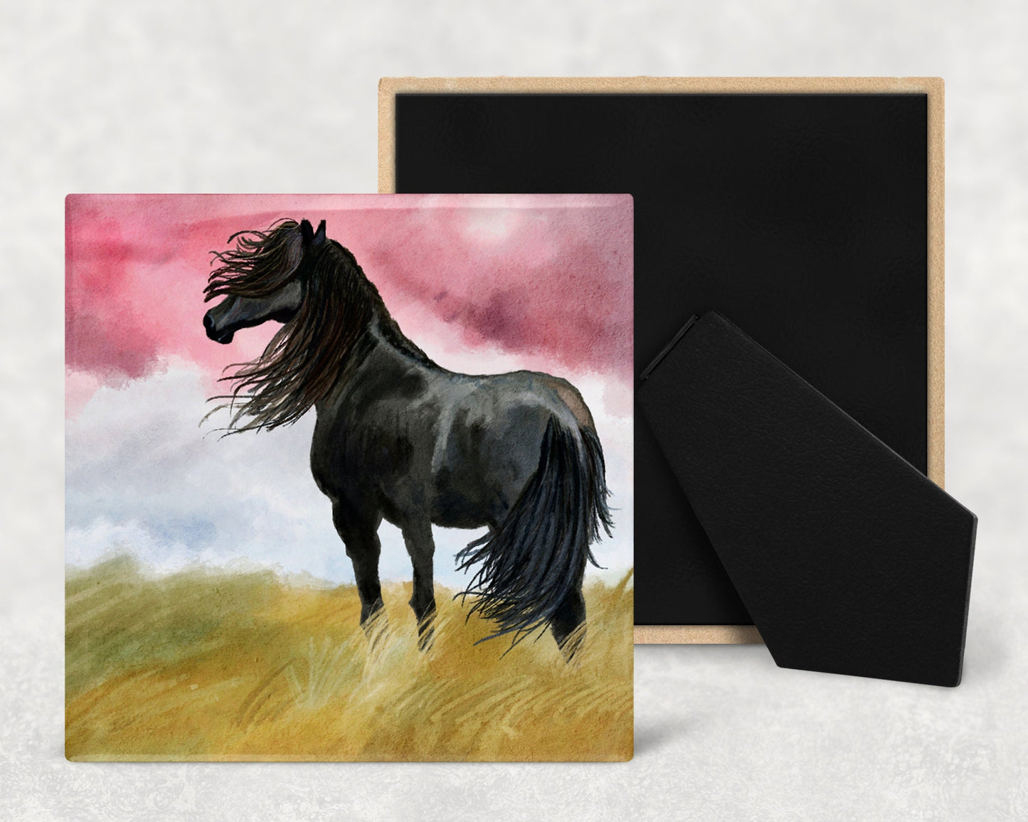 Black Horse Art Decorative Ceramic Tile with Optional Easel Back - Available in 3 Sizes