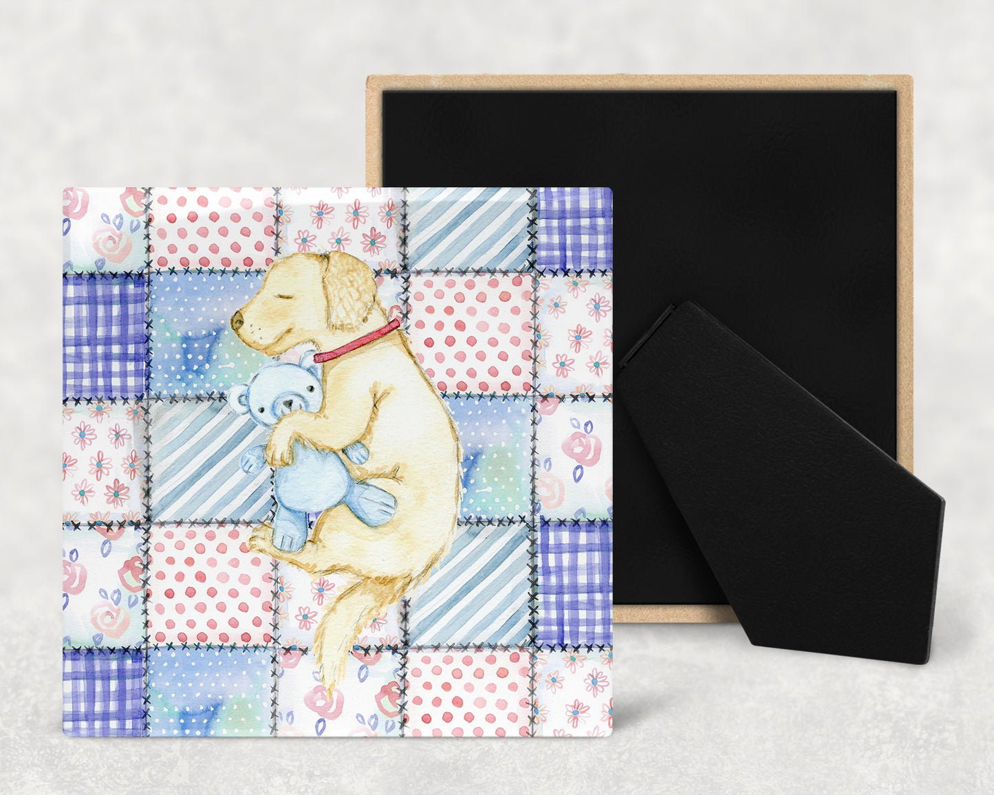 Cute Sleeping Puppy Quilt Pattern Art Decorative Ceramic Tile with Optional Easel Back - Available in 3 Sizes