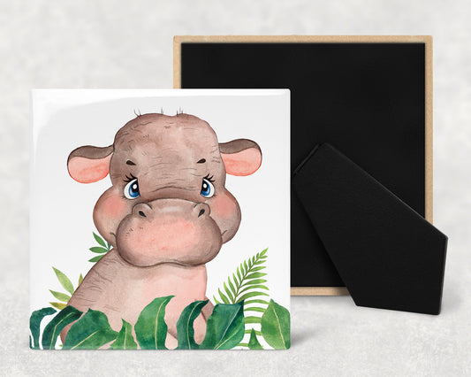 Cute Baby Hippo Nursery Art Decorative Ceramic Tile with Optional Easel Back - Available in 3 Sizes