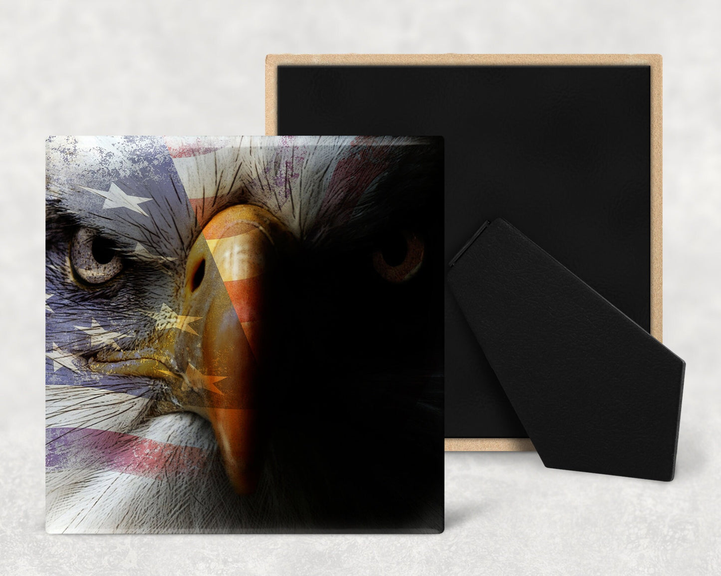 Bald Eagle Face American Flag Art Decorative Ceramic Tile with Optional Easel Back - Available in 3 Sizes