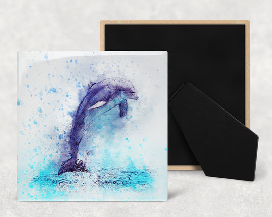 Watercolor Dolphin Art Decorative Ceramic Tile with Optional Easel Back - Available in 3 Sizes