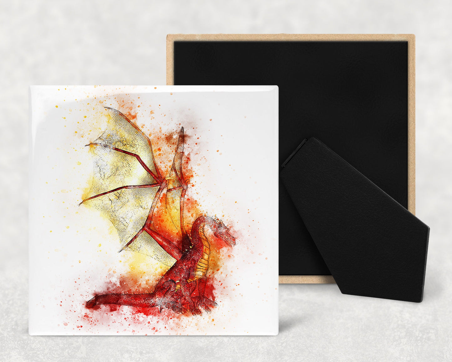 Watercolor Red Dragon Art Decorative Ceramic Tile with Optional Easel Back - Available in 3 Sizes