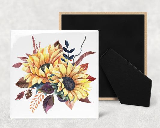 Sunflower Arrangement Art Decorative Ceramic Tile with Optional Easel Back - Available in 3 Sizes