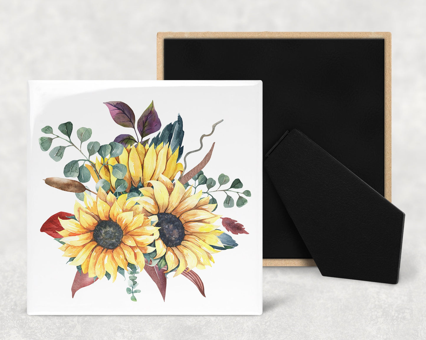 Sunflower Arrangement Art Decorative Ceramic Tile with Optional Easel Back - Available in 3 Sizes