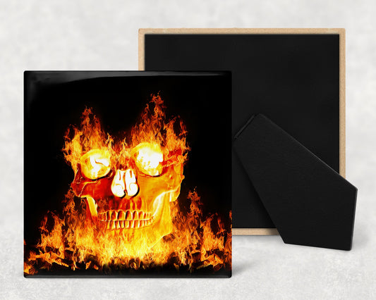 Flaming Skull Halloween Art Decorative Ceramic Tile with Optional Easel Back - Available in 3 Sizes