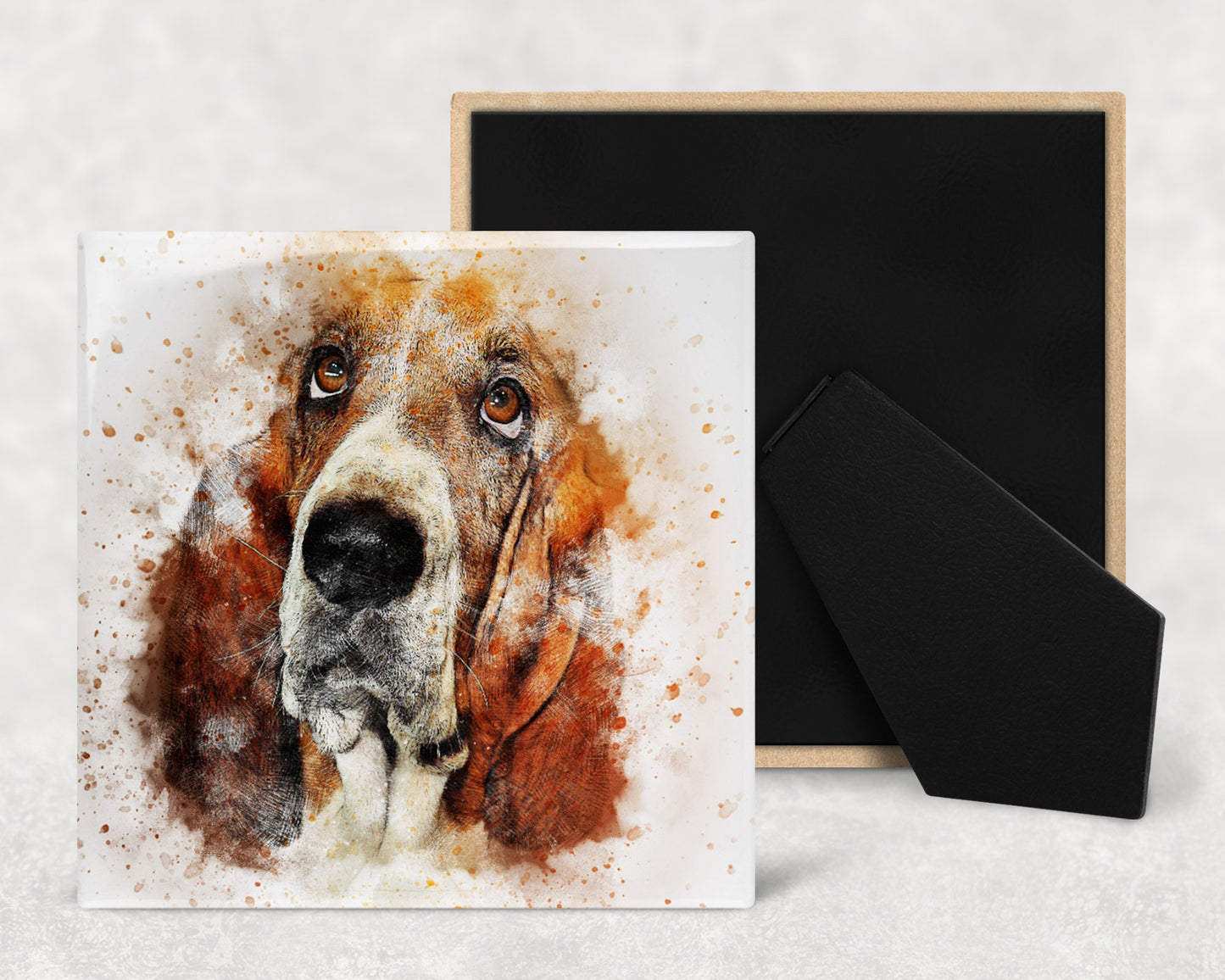 Basset Hound Art Decorative Ceramic Tile with Optional Easel Back - Available in 3 Sizes