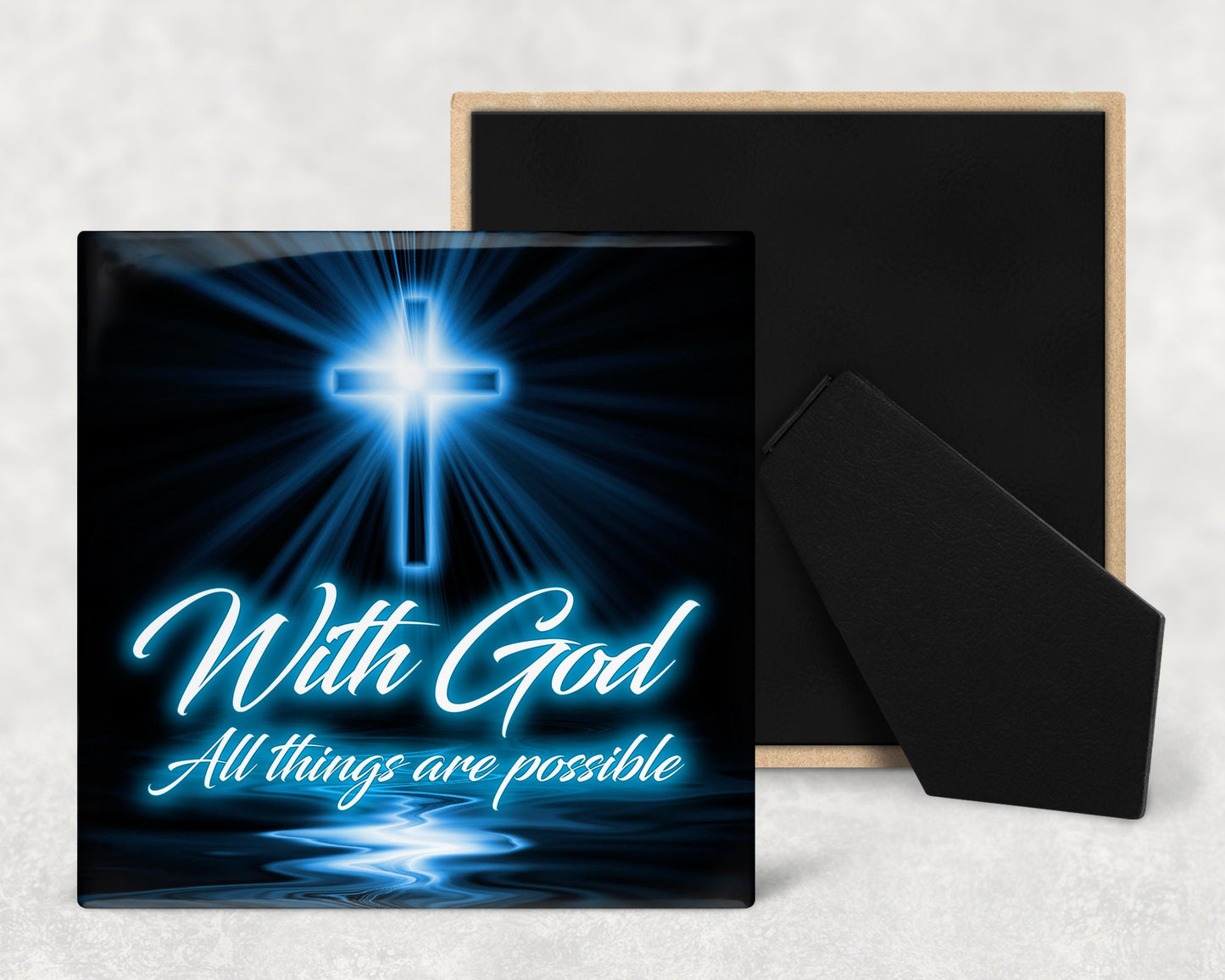 Glowing Christian Cross Scripture Decorative Ceramic Tile with Optional Easel Back - Available in 3 Sizes