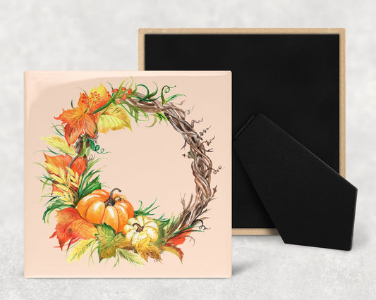 Autumn Wreath Fall Colors Art Decorative Ceramic Tile with Optional Easel Back - Available in 3 Sizes