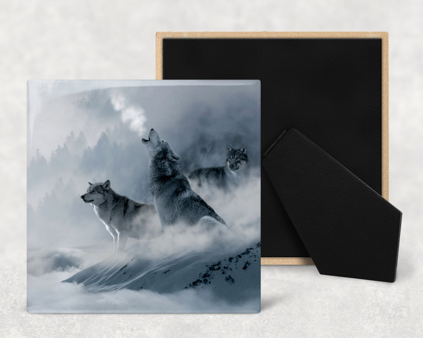 Winter Wolves Art Decorative Ceramic Tile with Optional Easel Back - Available in 3 Sizes