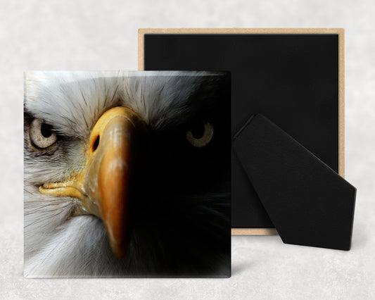 Bald Eagle Face Art Decorative Ceramic Tile with Optional Easel Back - Available in 3 Sizes