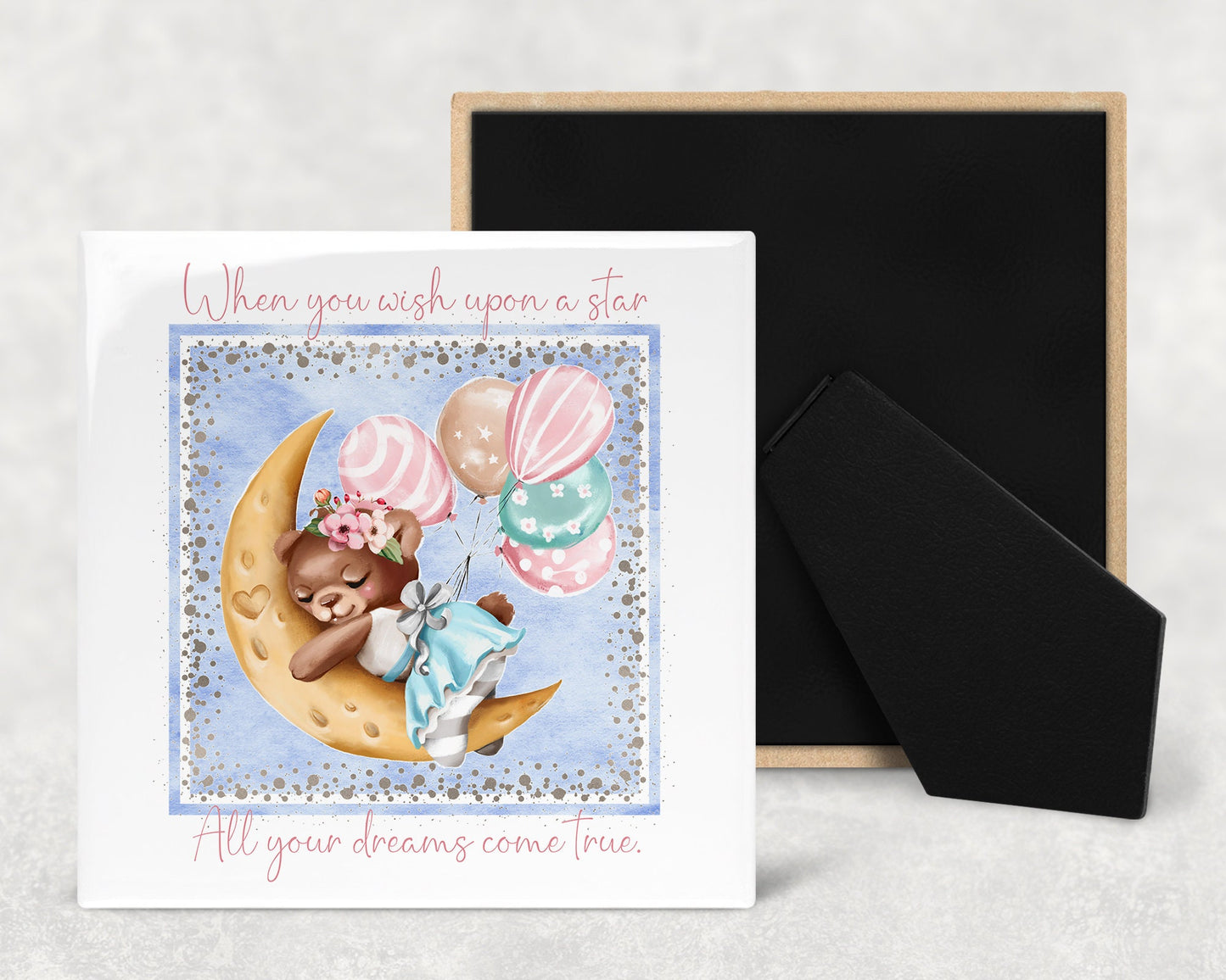 Cute Sleeping Bear on Moon Nursery Art Decorative Ceramic Tile with Optional Easel Back - Available in 3 Sizes