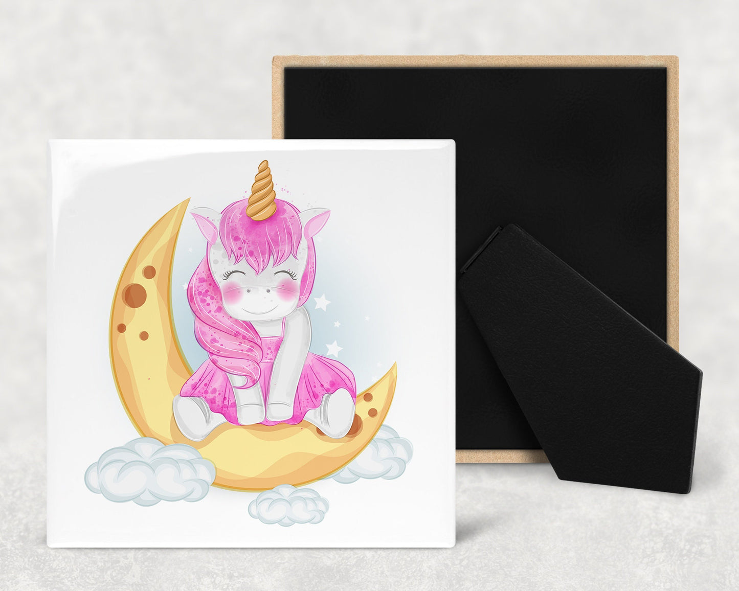 Cute Unicorn on Moon Nursery Art Decorative Ceramic Tile with Optional Easel Back - Available in 3 Sizes