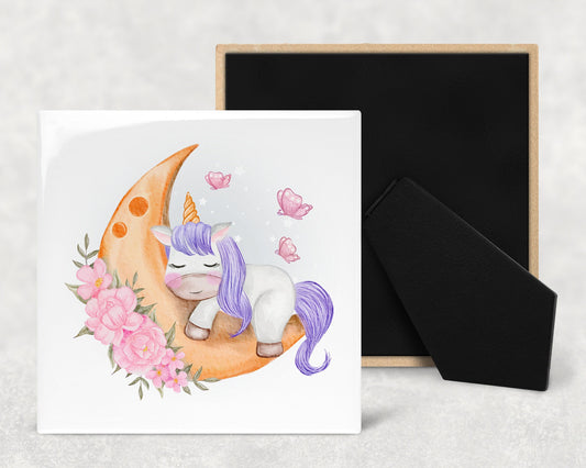 Cute Sleeping Unicorn on Moon Nursery Art Decorative Ceramic Tile with Optional Easel Back - Available in 3 Sizes