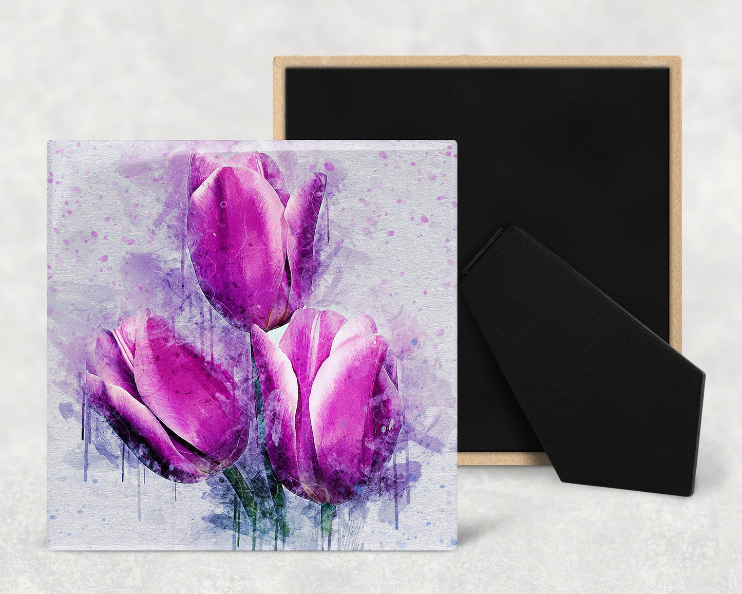 Watercolor Purple Tulips Art Decorative Ceramic Tile with Optional Easel Back - Available in 3 Sizes