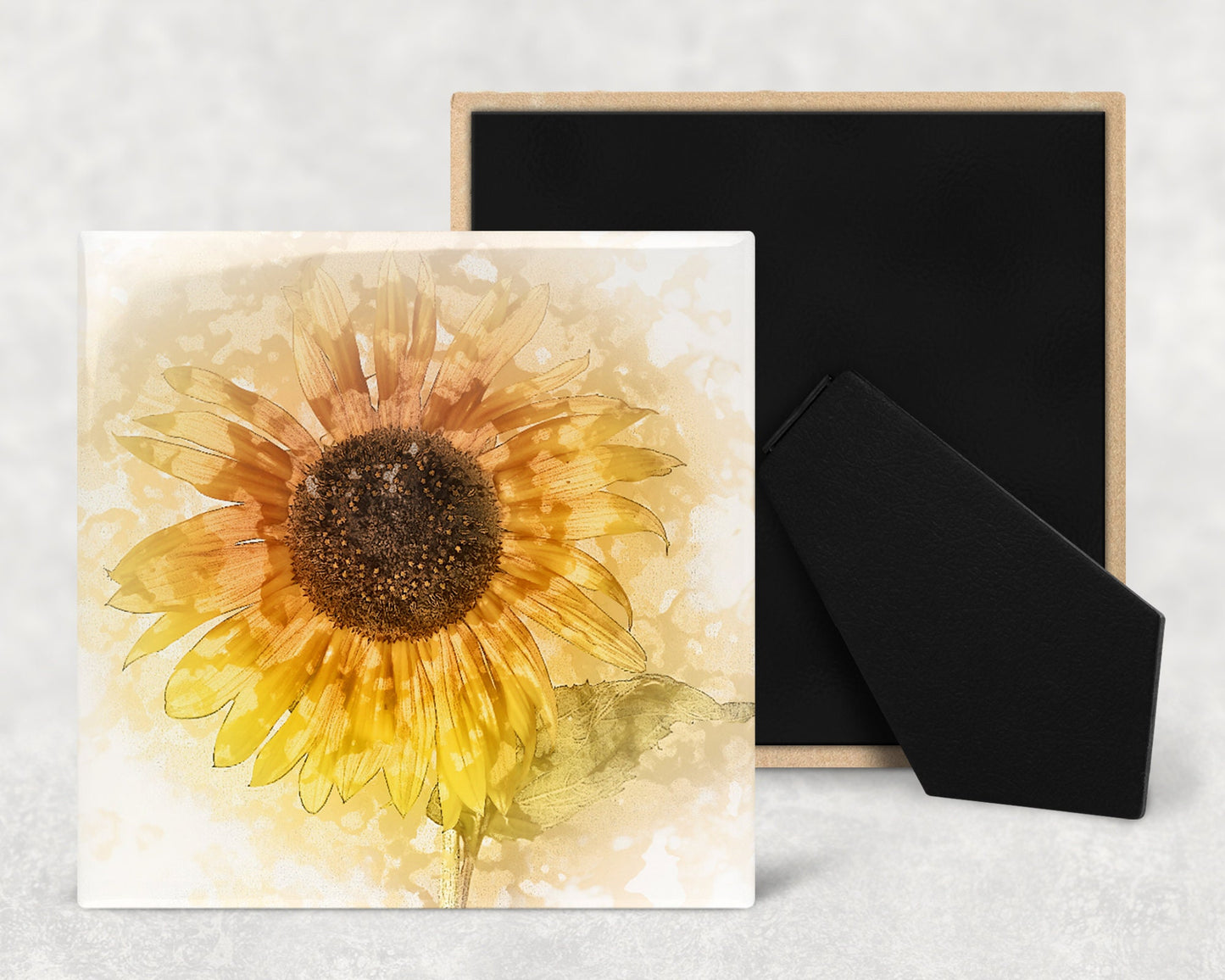 Watercolor Style Sunflower Art Decorative Ceramic Tile with Optional Easel Back - Available in 3 Sizes
