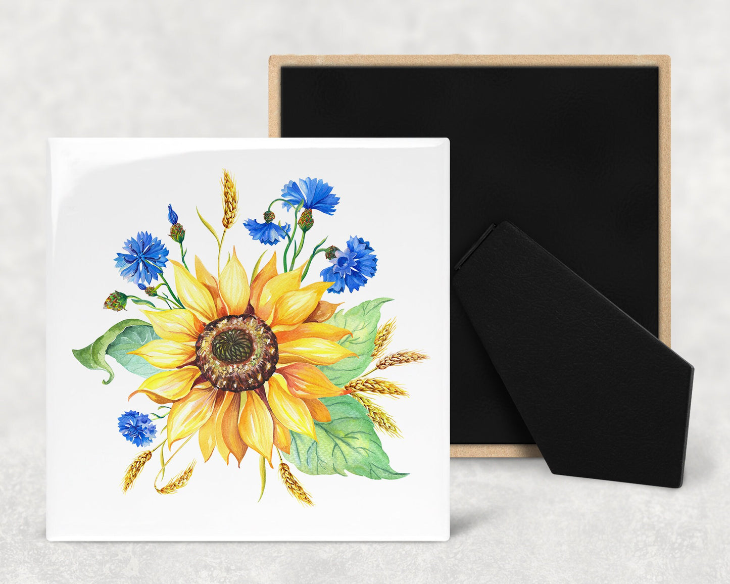 Sunflower and Blue Blossoms Art Decorative Ceramic Tile with Optional Easel Back - Available in 3 Sizes
