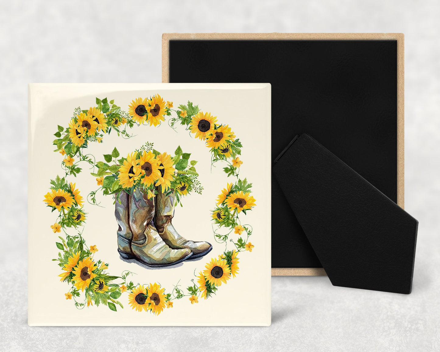 Sunflowers and Cowgirl Boots Art Decorative Ceramic Tile with Optional Easel Back - Available in 3 Sizes