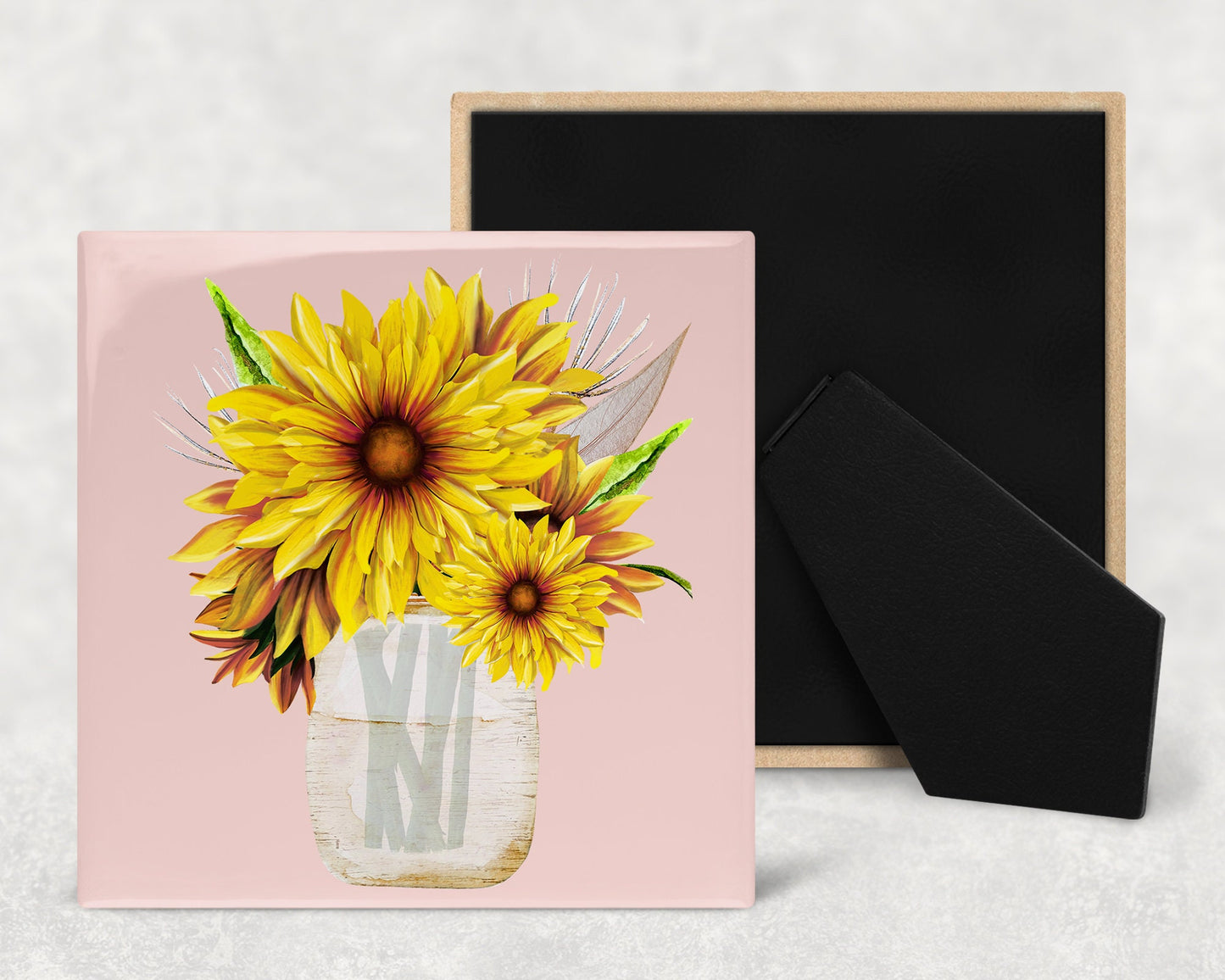 Sunflowers in a Jar Art Decorative Ceramic Tile with Optional Easel Back - Available in 3 Sizes