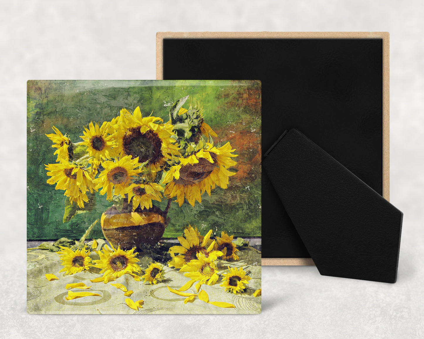 Sunflowers Still Life Art Decorative Ceramic Tile with Optional Easel Back - Available in 3 Sizes