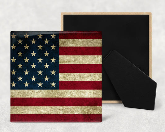 Rustic American Flag Art Decorative Ceramic Tile with Optional Easel Back - Available in 3 Sizes