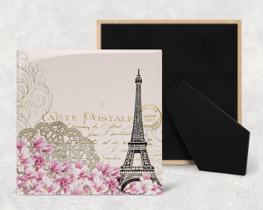 Paris Postcard Art Decorative Ceramic Tile with Optional Easel Back - Available in 3 Sizes