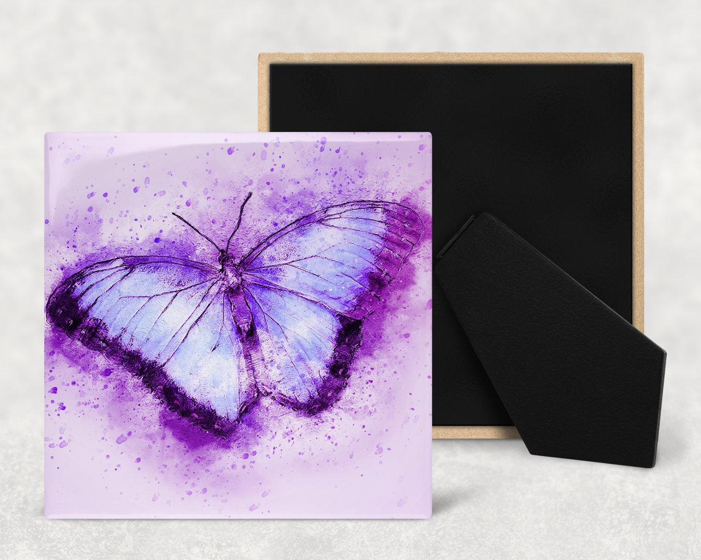 Watercolor Purple Butterfly Art Decorative Ceramic Tile with Optional Easel Back - Available in 3 Sizes