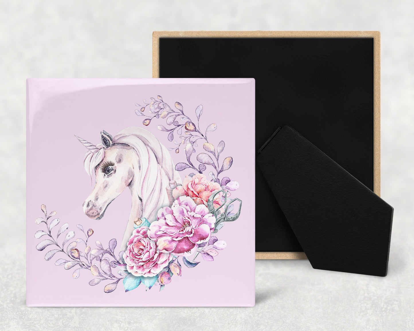 Unicorn Wreath Art Decorative Ceramic Tile with Optional Easel Back - Available in 3 Sizes