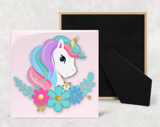 Cute Unicorn Art Decorative Ceramic Tile with Optional Easel Back - Available in 3 Sizes