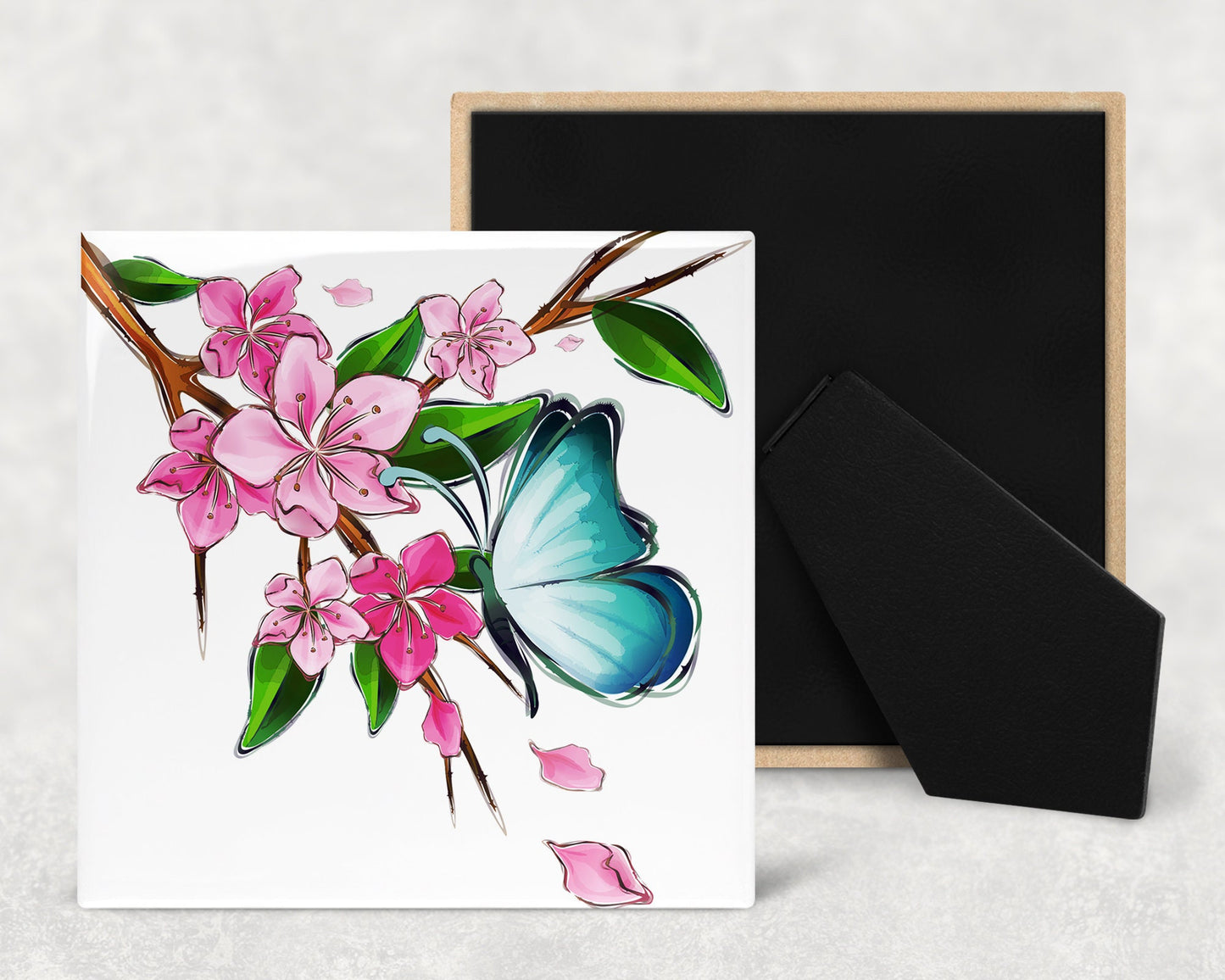 Butterflies and Cherry Blossoms Art Decorative Ceramic Tile with Optional Easel Back - Available in 3 Sizes