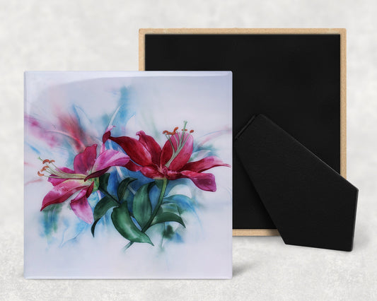Watercolor Style Lilies Art Decorative Ceramic Tile with Optional Easel Back - Available in 3 Sizes