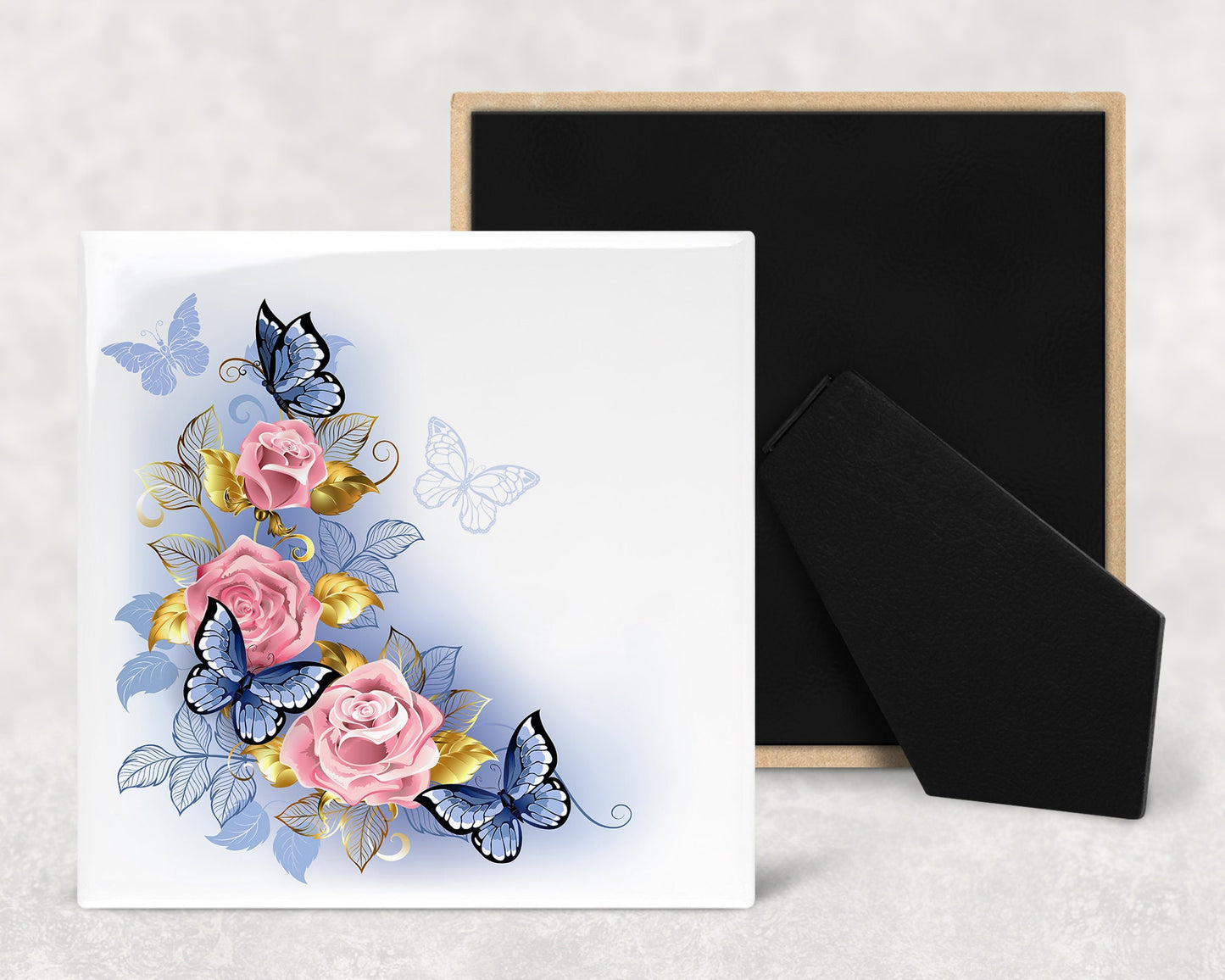 Butterflies and Pink Roses Art Decorative Ceramic Tile with Optional Easel Back - Available in 3 Sizes