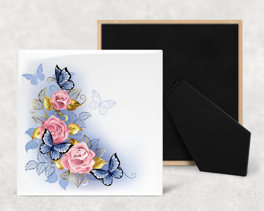 Butterflies and Pink Roses Art Decorative Ceramic Tile with Optional Easel Back - Available in 3 Sizes