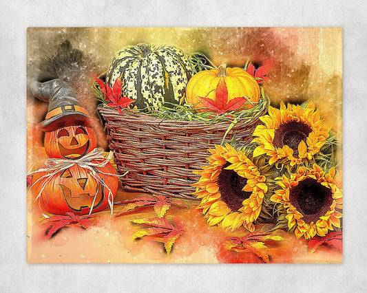 Autumn Pumpkin and Sunflowers Still Life Art Decorative Ceramic Tile with Easel Back - 6x8 inches