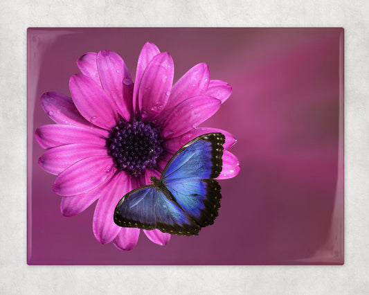 Blue Butterfly on Pink Flower Art Decorative Ceramic Tile with Easel Back - 6x8 inches