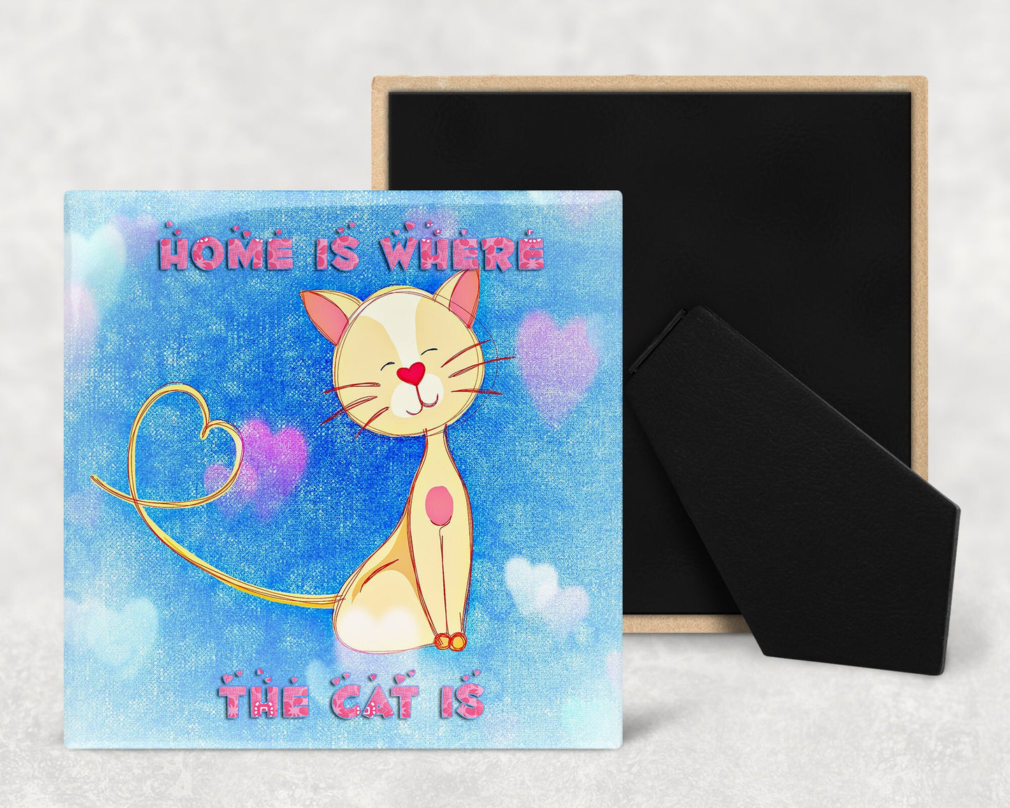 Home is Where the Cat is Art Decorative Ceramic Tile with Optional Easel Back - Available in 3 Sizes