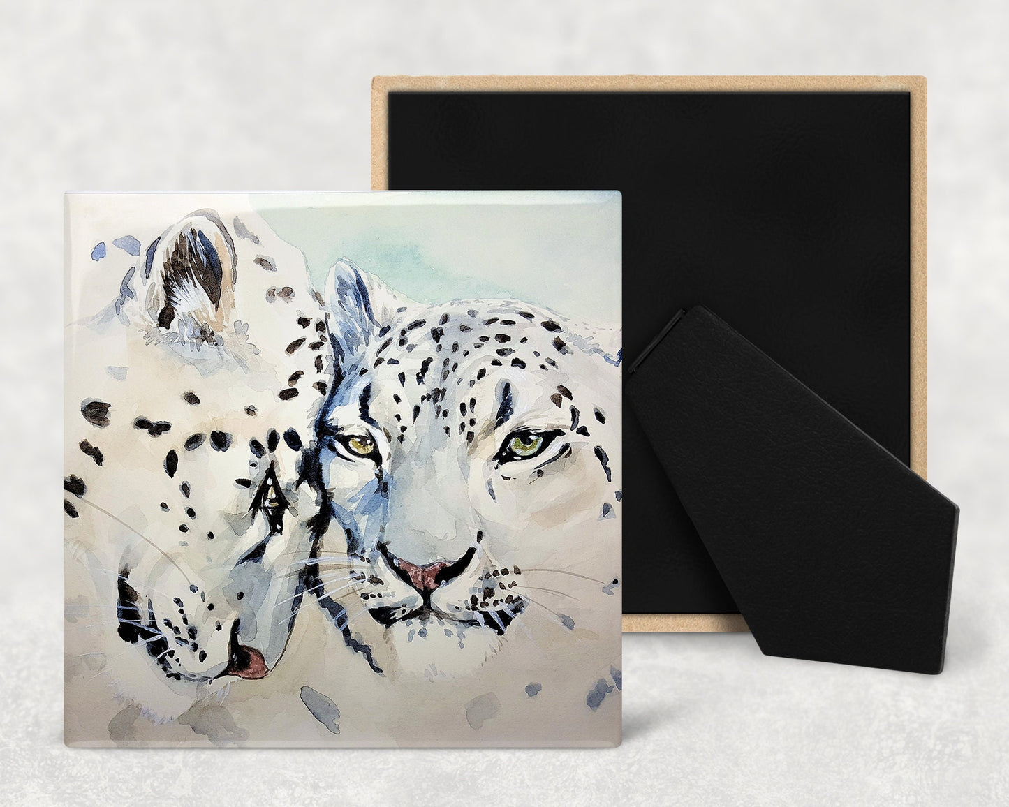 Snow Leopards Art Decorative Ceramic Tile with Optional Easel Back - Available in 3 Sizes