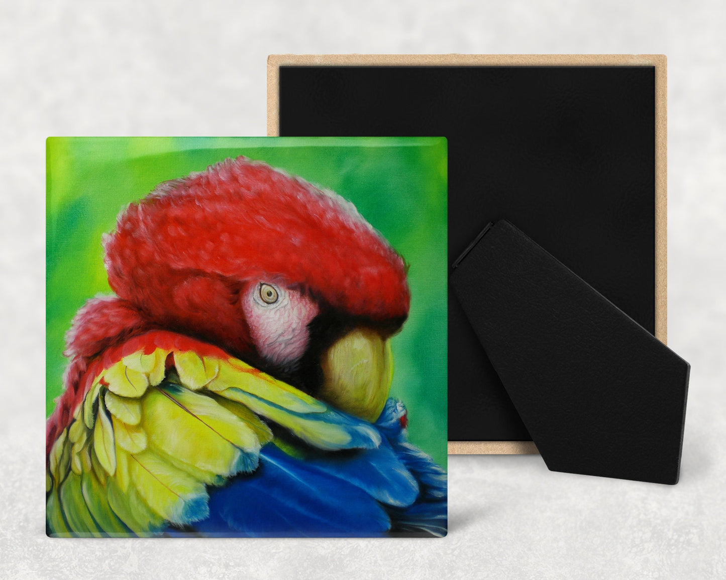 Colorful Macaw Art Decorative Ceramic Tile with Optional Easel Back - Available in 3 Sizes