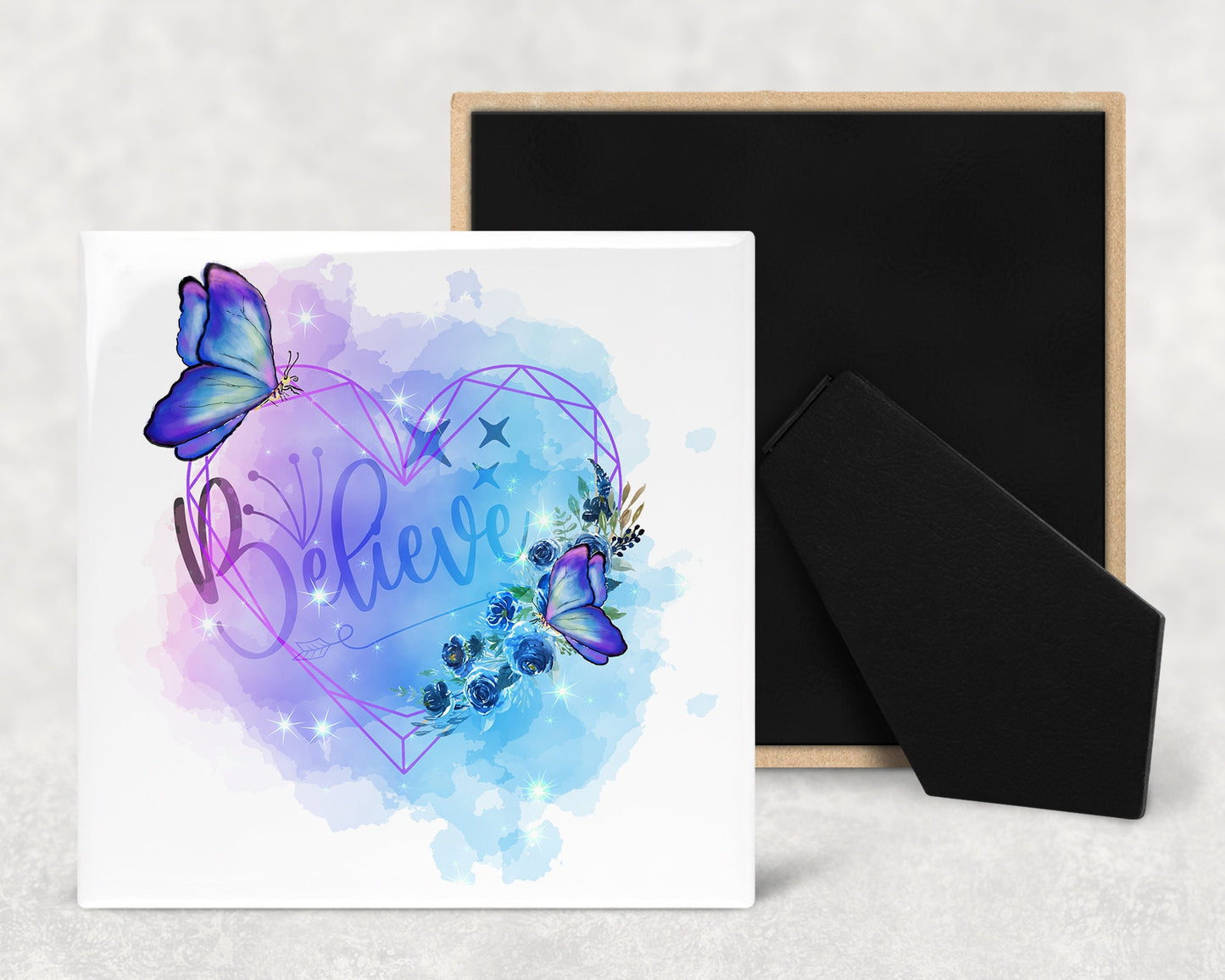 Butterflies Believe Inspirational Art Decorative Ceramic Tile with Optional Easel Back - Available in 3 Sizes