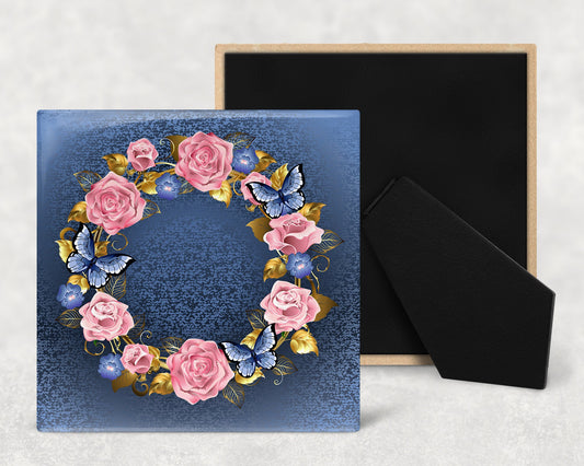 Butterfly Wreath Art Decorative Ceramic Tile with Optional Easel Back - Available in 3 Sizes