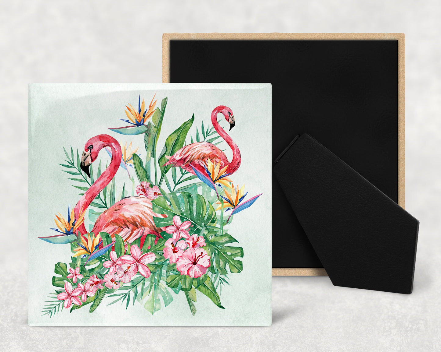 Flamingos and Tropical Flowers Art Decorative Ceramic Tile with Optional Easel Back - Available in 3 Sizes