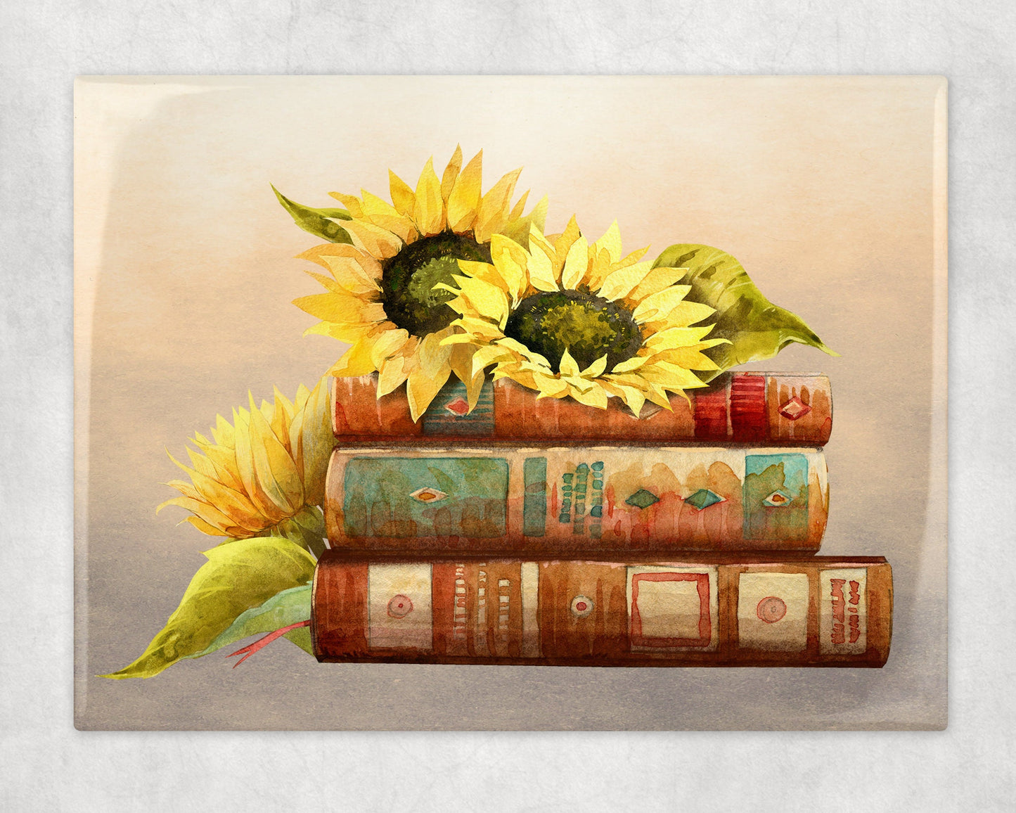 Autumn Sunflowers and Books Art Decorative Ceramic Tile with Optional Easel Back - 6x8 inches