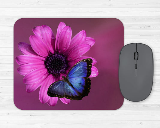 Blue Butterfly on Pink Flower Art Rubber Mousepad