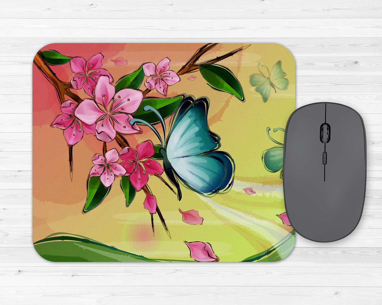Butterflies and Cherry Blossoms Art Rubber Mousepad