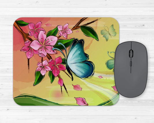 Butterflies and Cherry Blossoms Art Rubber Mousepad